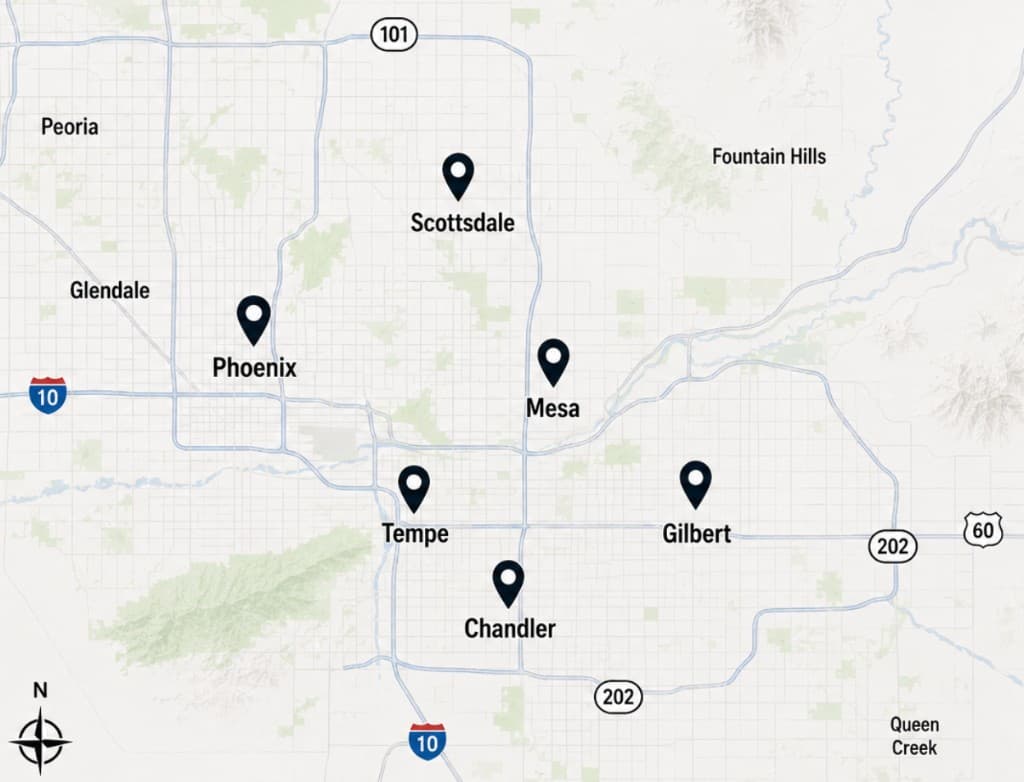 Map of service areas in the Phoenix metropolitan area including Scottsdale, Phoenix, Mesa, Tempe, Chandler, and Gilbert